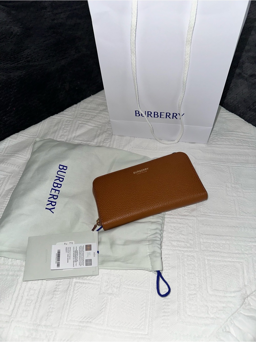 Burberry Brown Pebbled Leather Zip Wallet with Gold Accents